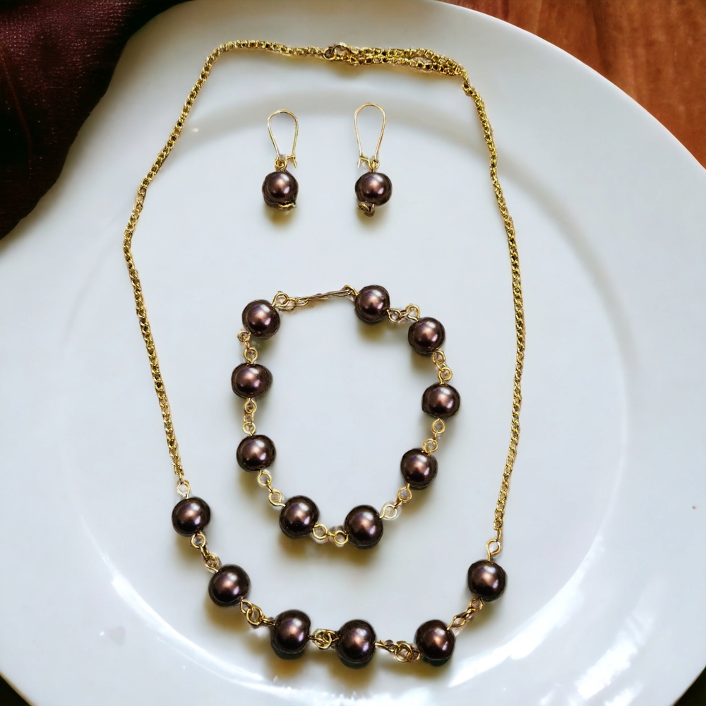 Gold-Tone Necklace, Bracelet & Earrings Set with Dark Brown Pearls